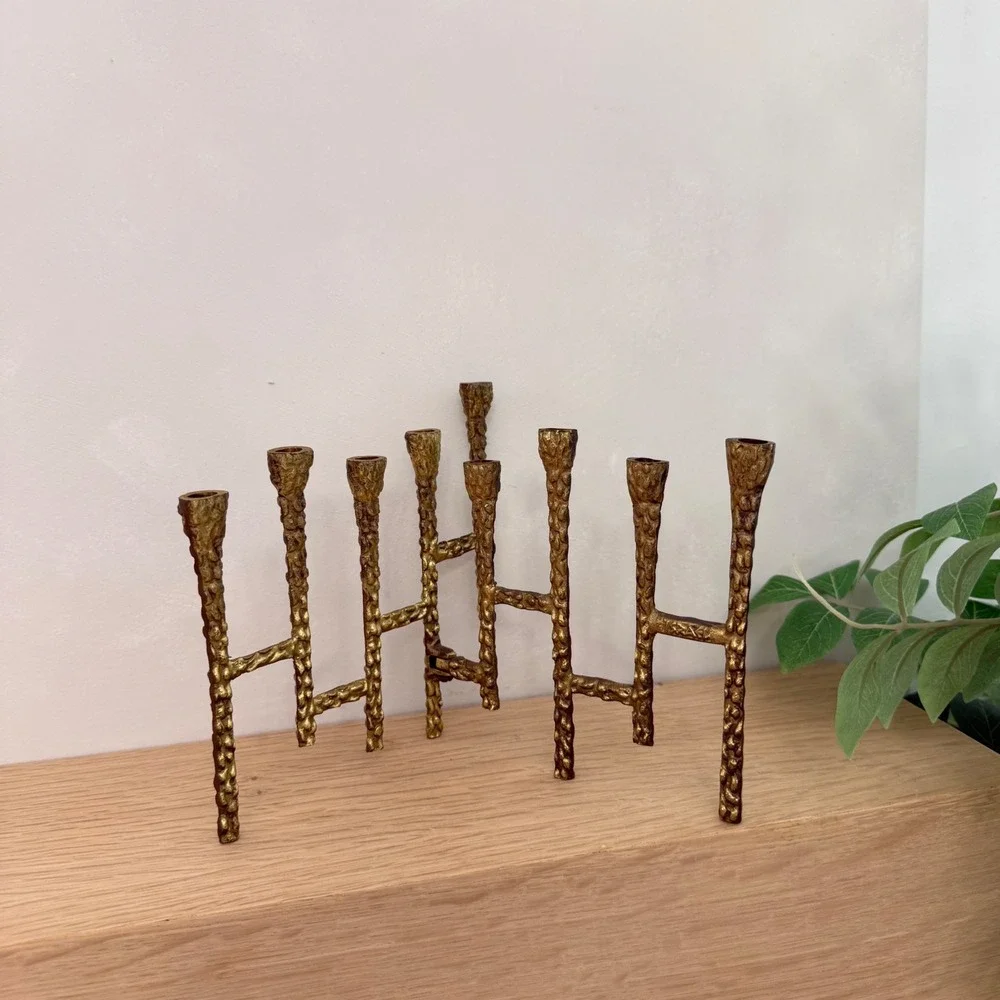 Vintage Brutalist Gold Metal Folding Menorah Candelabra Mid Century Modern 9 Arm